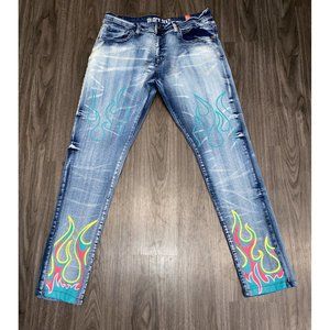 BLACK PIKE 34x32 Painted Graffiti Flames Tapered Skinny Jeans Men's